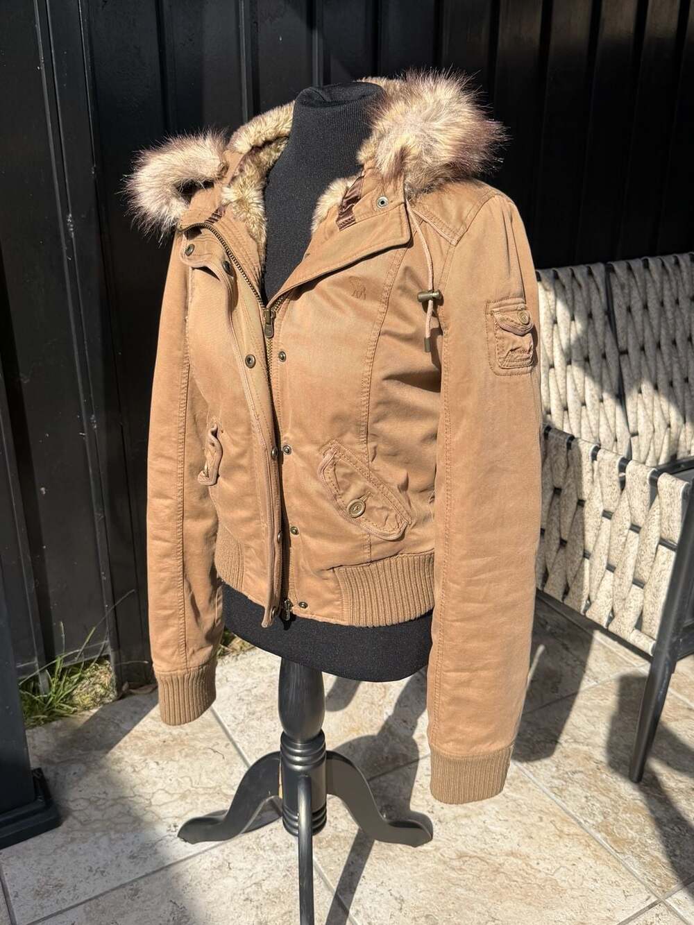 Abercrombie & Fitch Women's Y2K Brown Canvas Faux Fur Lined Hooded Bomber Jacket